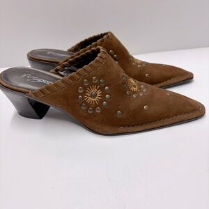 Art Effects Brown Suede Leather Mules Slide On Shoes Embroidered Flowers Sz 6